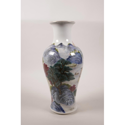 26 - A Chinese polychrome porcelain vase decorated with a mountainous riverside landscape, seal mark to b... 