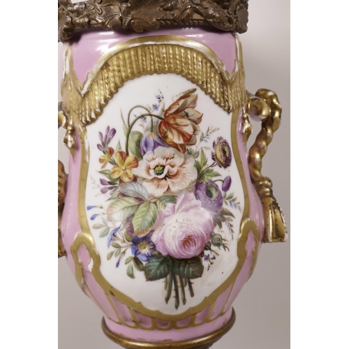 29 - A Continental porcelain and bronze mounted table lamp base, hand painted with flowers and a courting... 