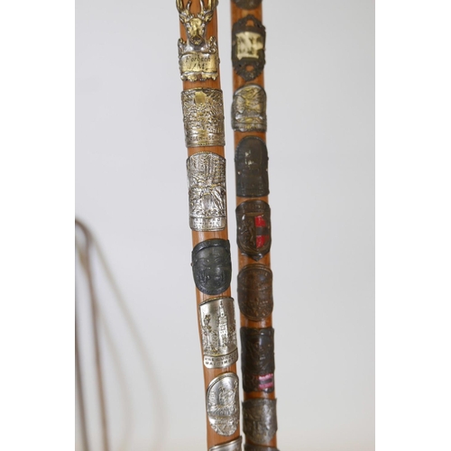 57 - Three hiking canes with associated badges applied to the shafts, together with a hallmarked silver m... 