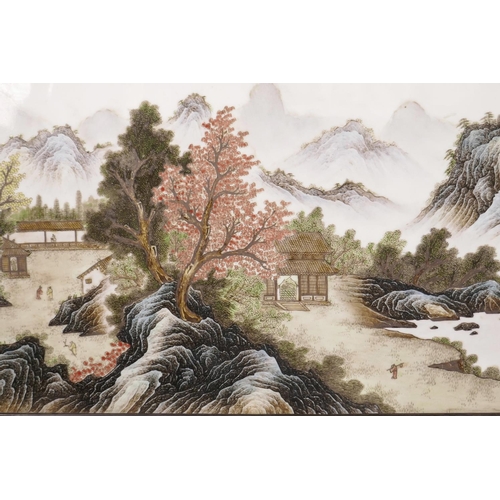 60 - A Chinese polychrome enamelled porcelain panel with landscape decoration of a riverside village, mou... 