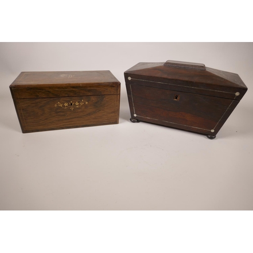 61 - A C19th sarcophagus shaped rosewood tea caddy with mother of pearl inlay and bun feet, 10½