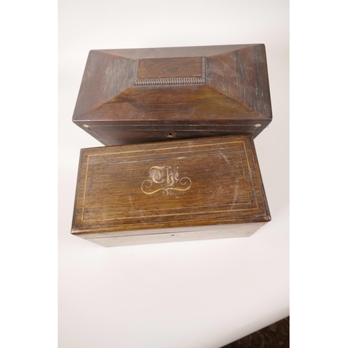 61 - A C19th sarcophagus shaped rosewood tea caddy with mother of pearl inlay and bun feet, 10½