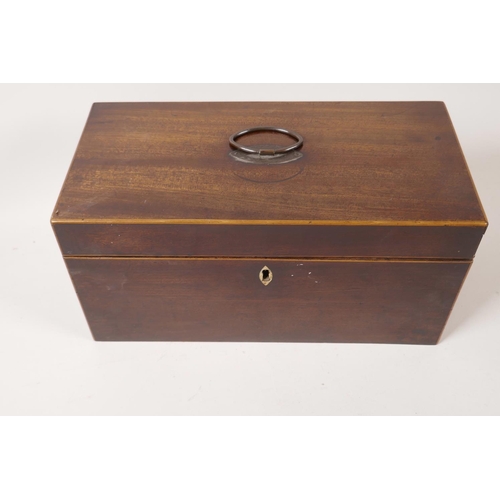 66 - A C19th mahogany two compartment tea caddy with satinwood crossbanding, 11½