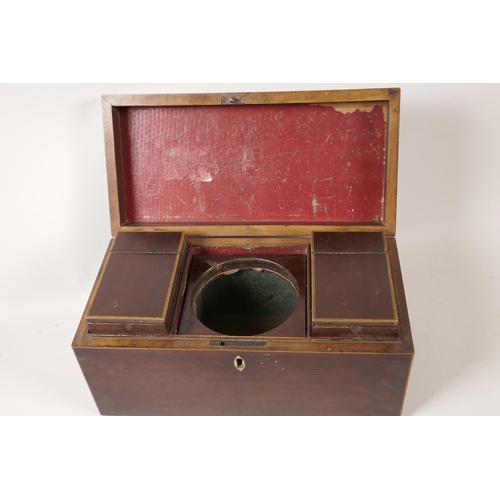 66 - A C19th mahogany two compartment tea caddy with satinwood crossbanding, 11½