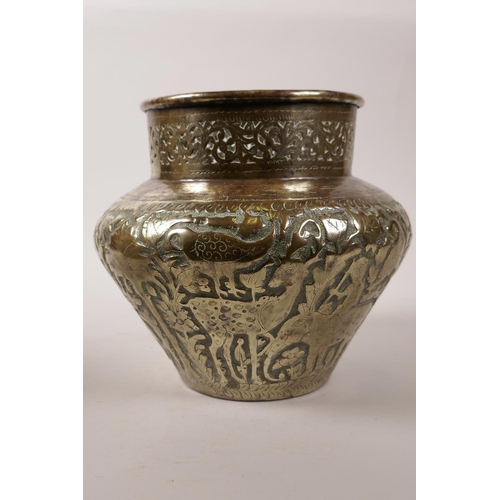 67 - A C19th Middle Eastern bronze vase with repoussé decoration of indigenous animals, together with ano... 