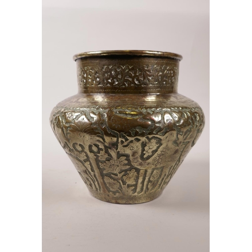 67 - A C19th Middle Eastern bronze vase with repoussé decoration of indigenous animals, together with ano... 