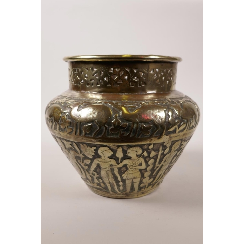 67 - A C19th Middle Eastern bronze vase with repoussé decoration of indigenous animals, together with ano... 