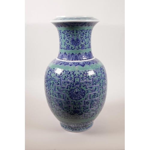 71 - A large Chinese blue glazed porcelain vase with archaic style blue and white decoration, seal mark t... 