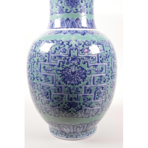 71 - A large Chinese blue glazed porcelain vase with archaic style blue and white decoration, seal mark t... 