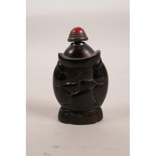 1 - A Chinese carved horn snuff bottle with carp decoration, 3½