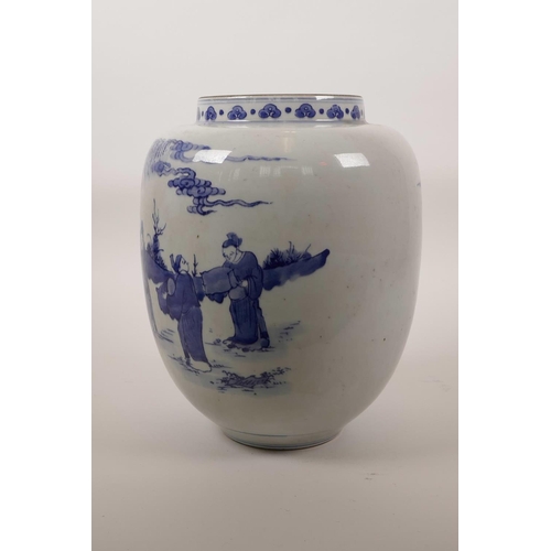 45 - A Chinese blue and white porcelain jar decorated with figures in a garden landscape, 6 character mar... 