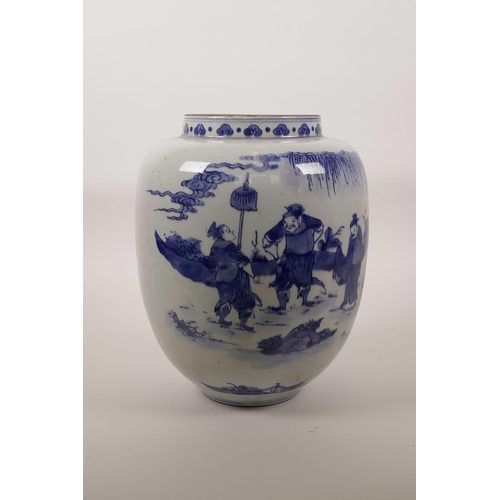 45 - A Chinese blue and white porcelain jar decorated with figures in a garden landscape, 6 character mar... 