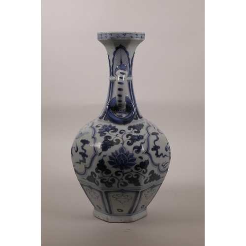 58 - A Chinese blue and white Ming style pottery vase with two loop handles and decorative panels depicti... 