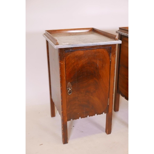 1136 - A pair of Continental mahogany pot cupboards with marble tops and three quarter galleries, 18