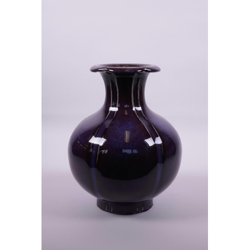 15 - A Chinese purple flambé glazed vase of lobed form, 6 character mark to base, 10