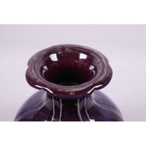 15 - A Chinese purple flambé glazed vase of lobed form, 6 character mark to base, 10