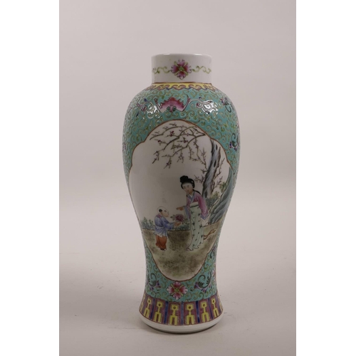 2 - A Chinese famille verte enamelled porcelain vase with two decorative panels depicting figures in a g... 