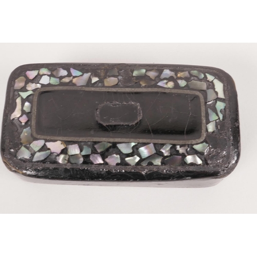 22 - A Georgian mother of pearl inlaid papier mache snuff box, 2½