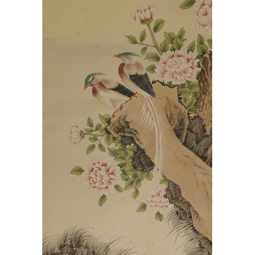 41 - A Chinese watercolour scroll depicting birds and flowers, 19