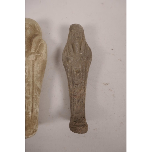 46 - An Egyptian faience pottery shabti and another, one A/F, largest 4½