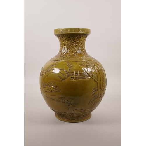 50 - A large Chinese ochre glazed pottery vase with raised decoration of everyday village life, impressed... 