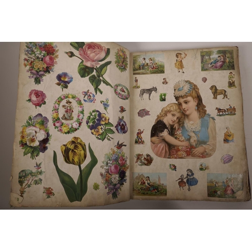 64 - A C19th scrapbook, cloth bound with linen pages, full of bright C19th scraps, the frontispiece beari... 