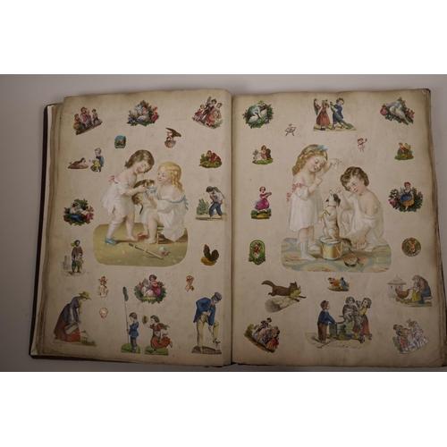 64 - A C19th scrapbook, cloth bound with linen pages, full of bright C19th scraps, the frontispiece beari... 