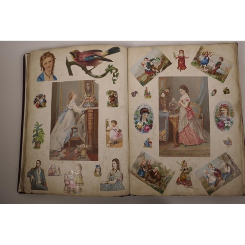 64 - A C19th scrapbook, cloth bound with linen pages, full of bright C19th scraps, the frontispiece beari... 