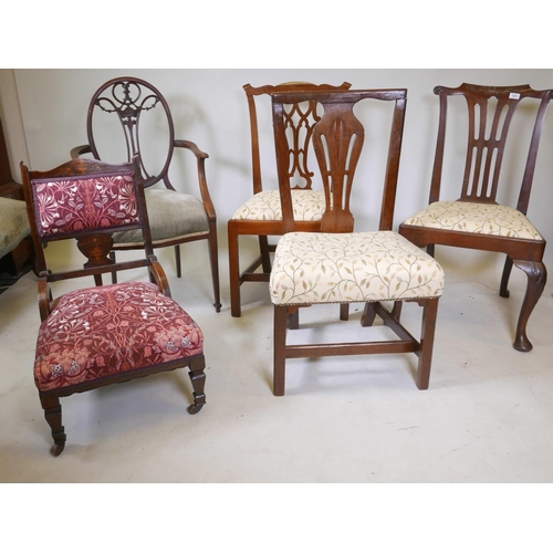 1207 - Three mahogany Chippendale style chairs, a Hepplewhite style elbow chair and inlaid parlour chair