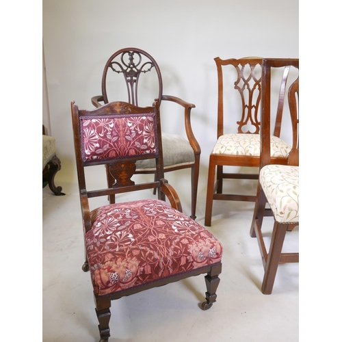 1207 - Three mahogany Chippendale style chairs, a Hepplewhite style elbow chair and inlaid parlour chair