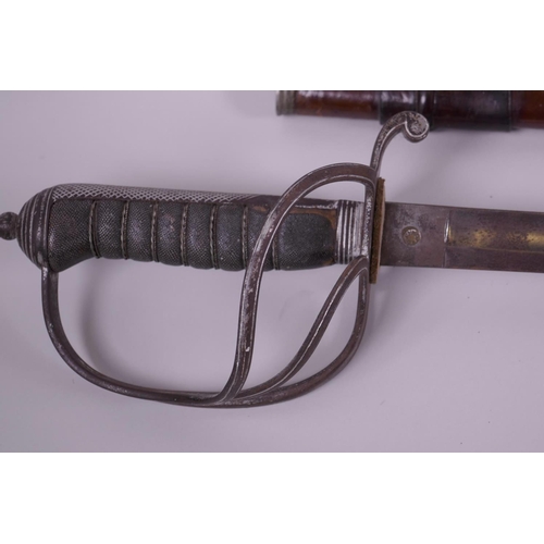 16 - A C19th cavalry sword with shagreen handle and leather scabbard, 40½