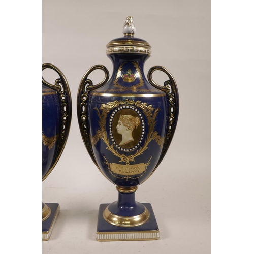 46 - A pair of blue ground Worcester style urns and covers with two handles and portrait plaques encircle... 