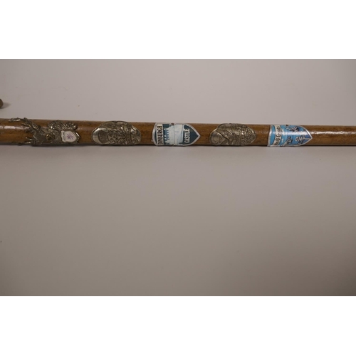 28 - A horn handled hiking stick with applied Scottish badges, 36