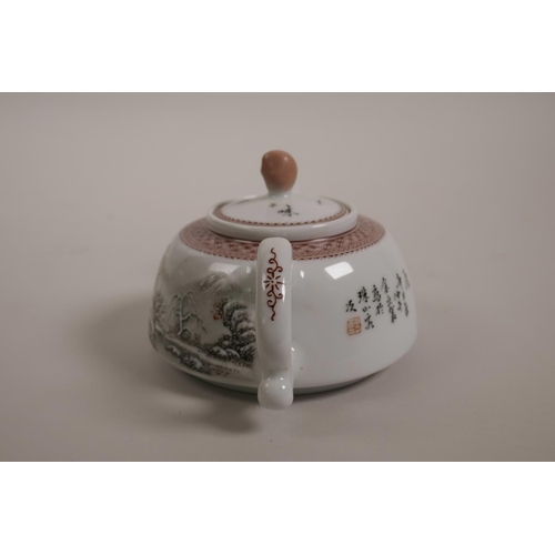 38 - A Chinese Republic porcelain teapot decorated with enamels depicting a winter landscape, mark to bas... 