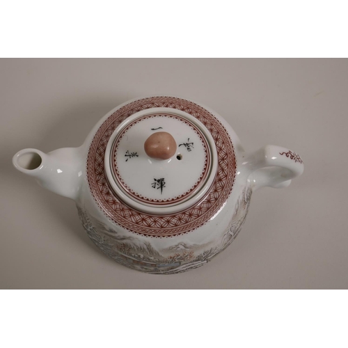 38 - A Chinese Republic porcelain teapot decorated with enamels depicting a winter landscape, mark to bas... 