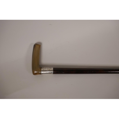 53 - A horn handled mahogany walking stick with engraved white metal collar, 35