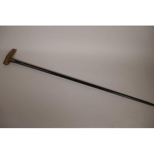 1 - A horn handled ebonised walking cane with chased and engraved metal collar, 36