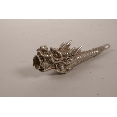 18 - A Chinese white metal cheroot holder in the form of a dragon, 4