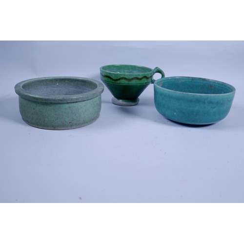 2 - Three green glazed terracotta bowls, largest 7¼