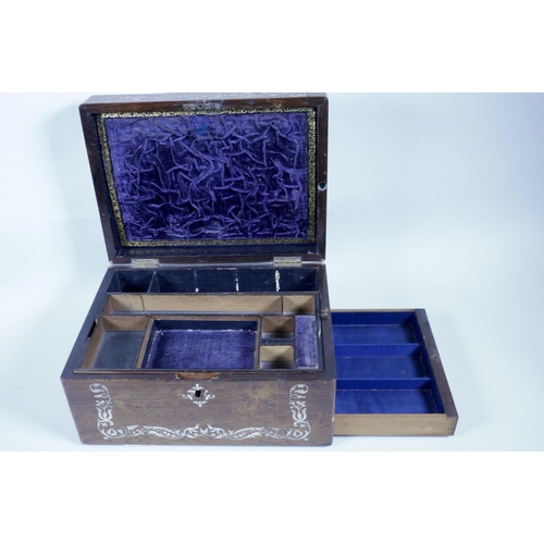 35 - A C19th rosewood jewellery box inlaid with mother of pearl, with fitted interior and secret drawer, ... 