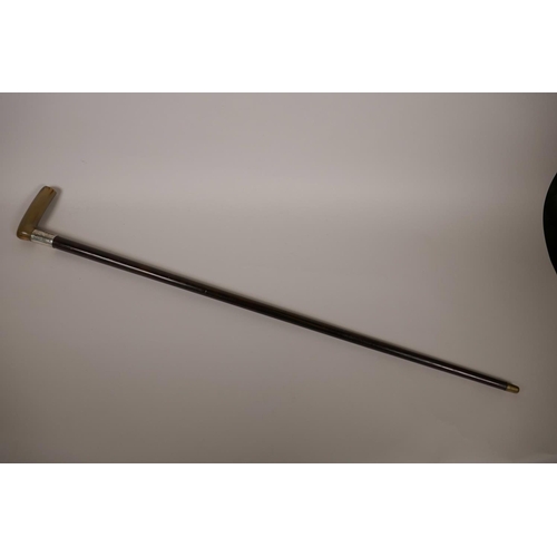 39 - A horn handled mahogany walking stick with engraved white metal collar, 35