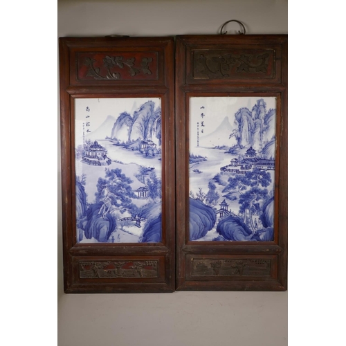 61 - A pair of Chinese blue and white porcelain panels depicting riverside landscapes with temples, in ha... 