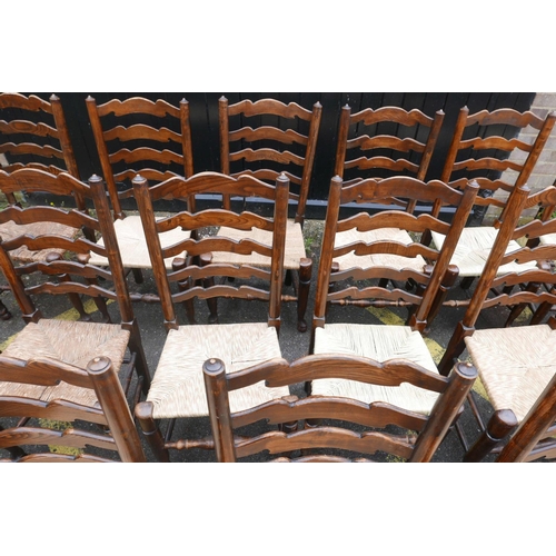 1206 - A long set of ten ash ladderback chairs with rush and seagrass seats, early C20th