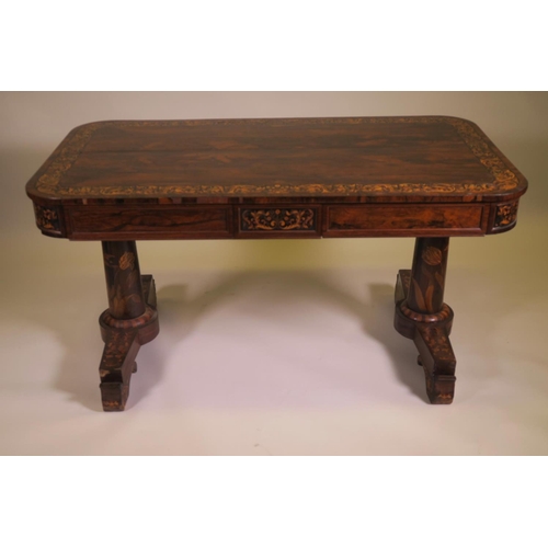 1207 - A good C19th rosewood library table with two frieze drawers and inlaid panels and borders depicting ... 