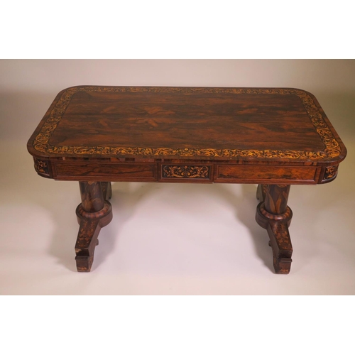 1207 - A good C19th rosewood library table with two frieze drawers and inlaid panels and borders depicting ... 