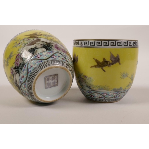 28 - A pair of Chinese yellow ground porcelain tea bowls decorated with polychrome enamels of waterfowl, ... 