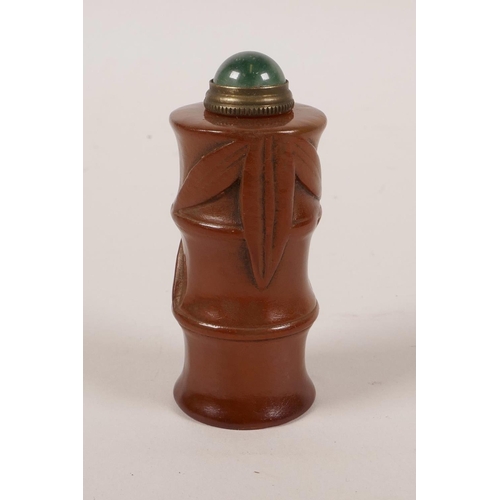 30 - A Chinese soapstone snuff bottle in the form of a bamboo shoot, 2½