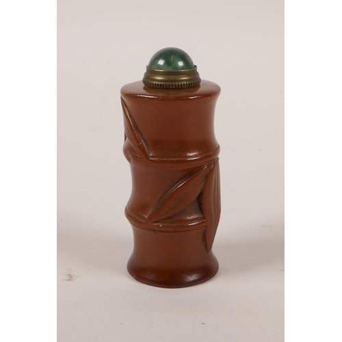 30 - A Chinese soapstone snuff bottle in the form of a bamboo shoot, 2½