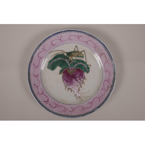 33 - A C19th Chinese polychrome enamelled porcelain saucer decorated with a grasshopper and radish, seal ... 