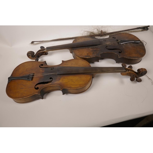 36 - Two vintage violins for restoration, one with one piece back and Stradivarius label, 23½